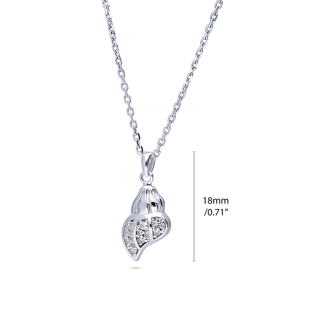 Front view of Seashell CZ Pendant Necklace in Sterling Silver, Rhodium Plated