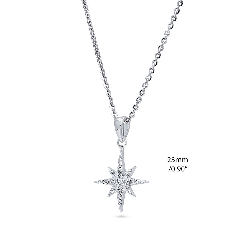 Front view of North Star CZ Necklace and Earrings in Sterling Silver, Rhodium Plated