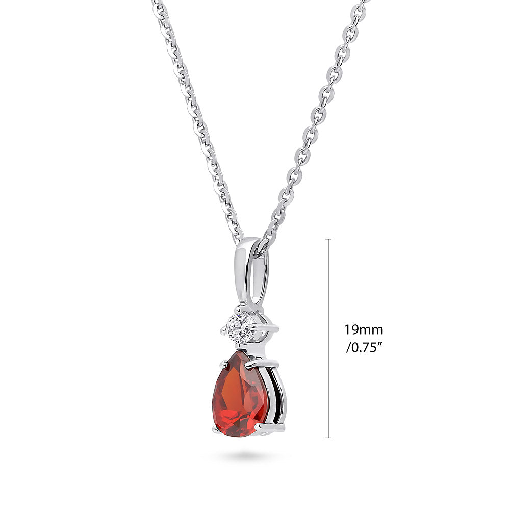 Front view of Solitaire Pear Necklace in Sterling Silver 1ct, Garnet Color