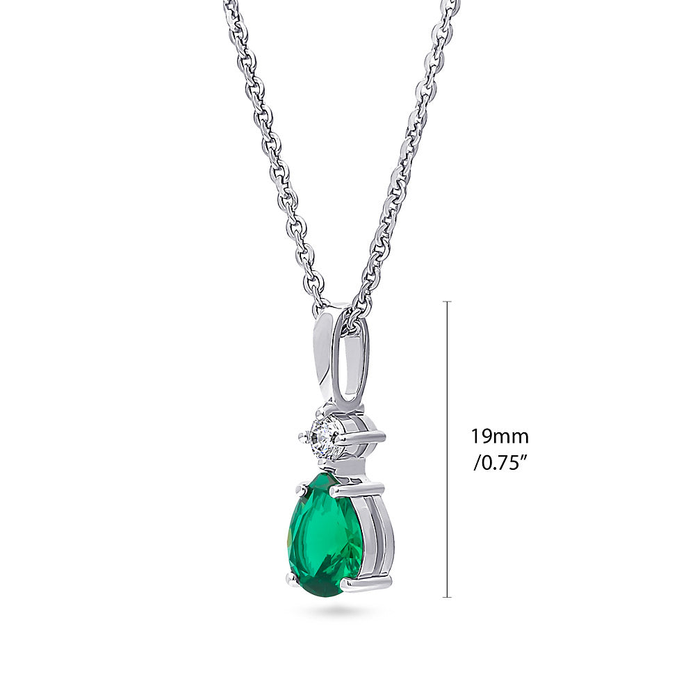 Front view of Solitaire Pear Necklace in Sterling Silver 1ct, Green Color