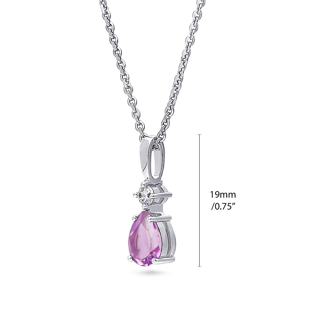 Front view of Solitaire Pear Necklace in Sterling Silver 1ct, Purple Color