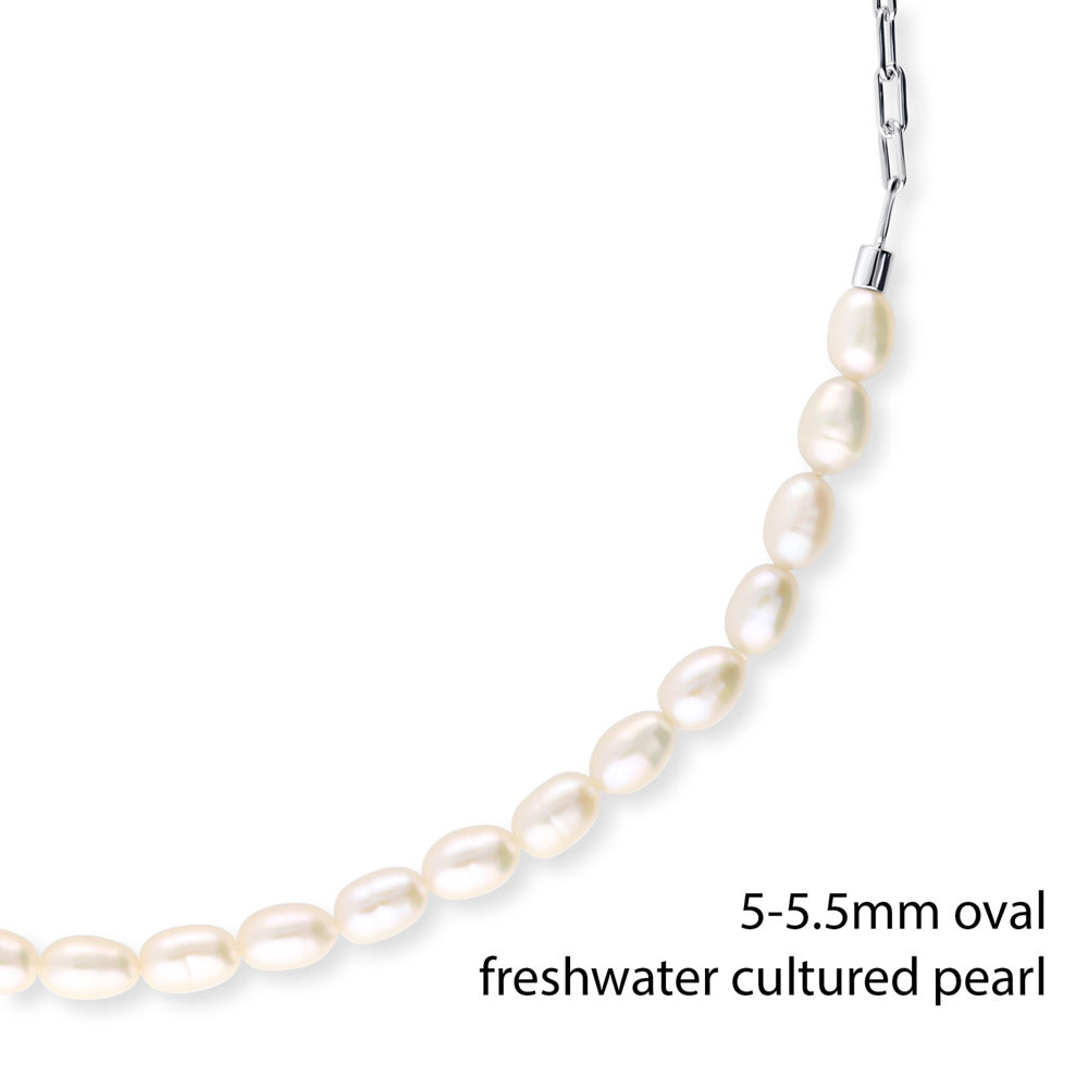 Front view of Paperclip Cultured Pearl Link Chain Necklace in Sterling Silver, Rhodium Plated