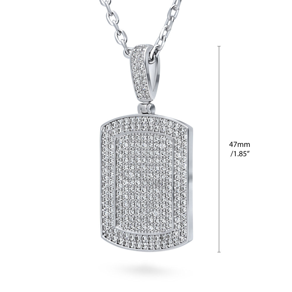 Front view of Dog Tag CZ Necklace, Rhodium Plated, Clear Stone