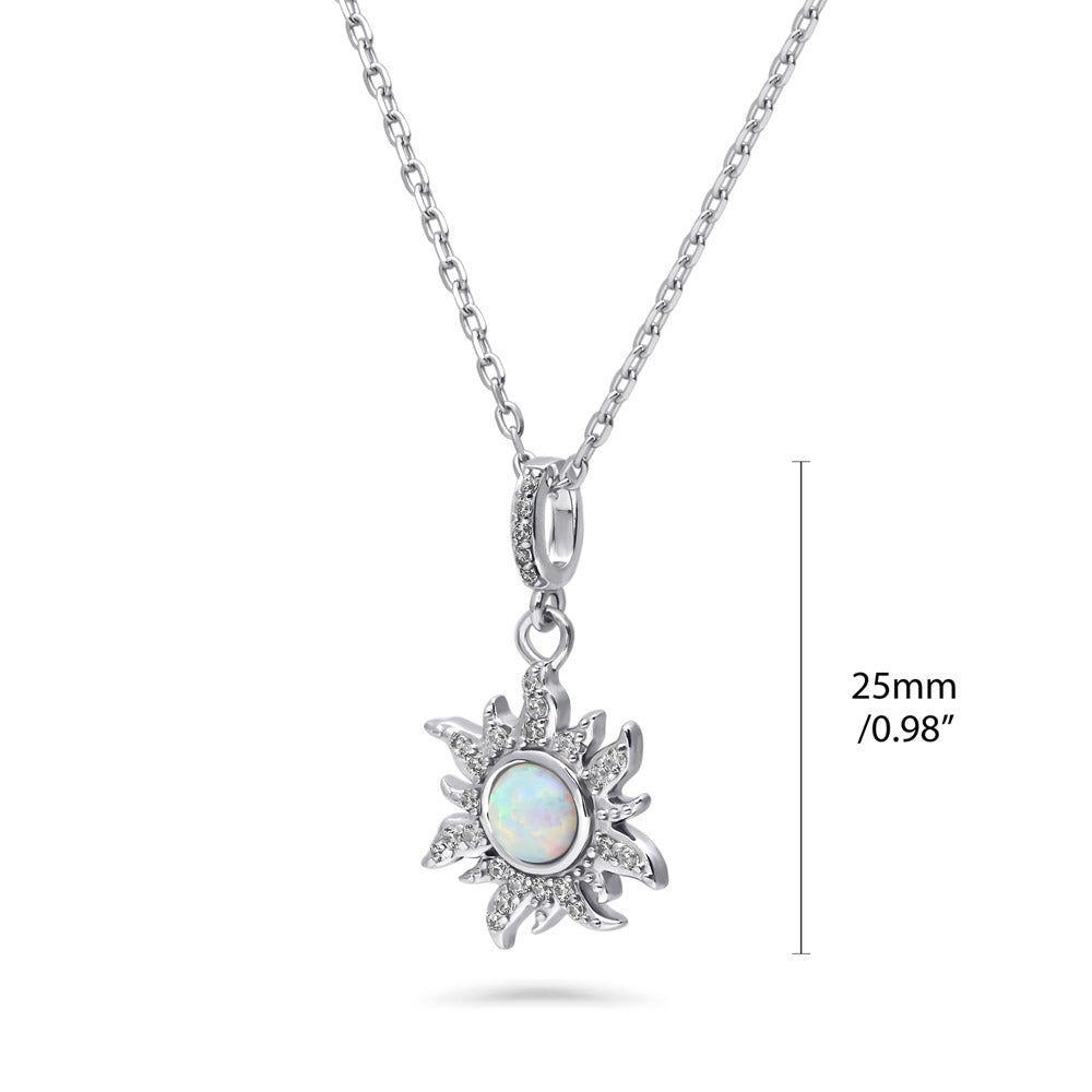 Front view of Sunburst Halo Simulated Opal CZ Necklace in Sterling Silver, Rhodium Plated