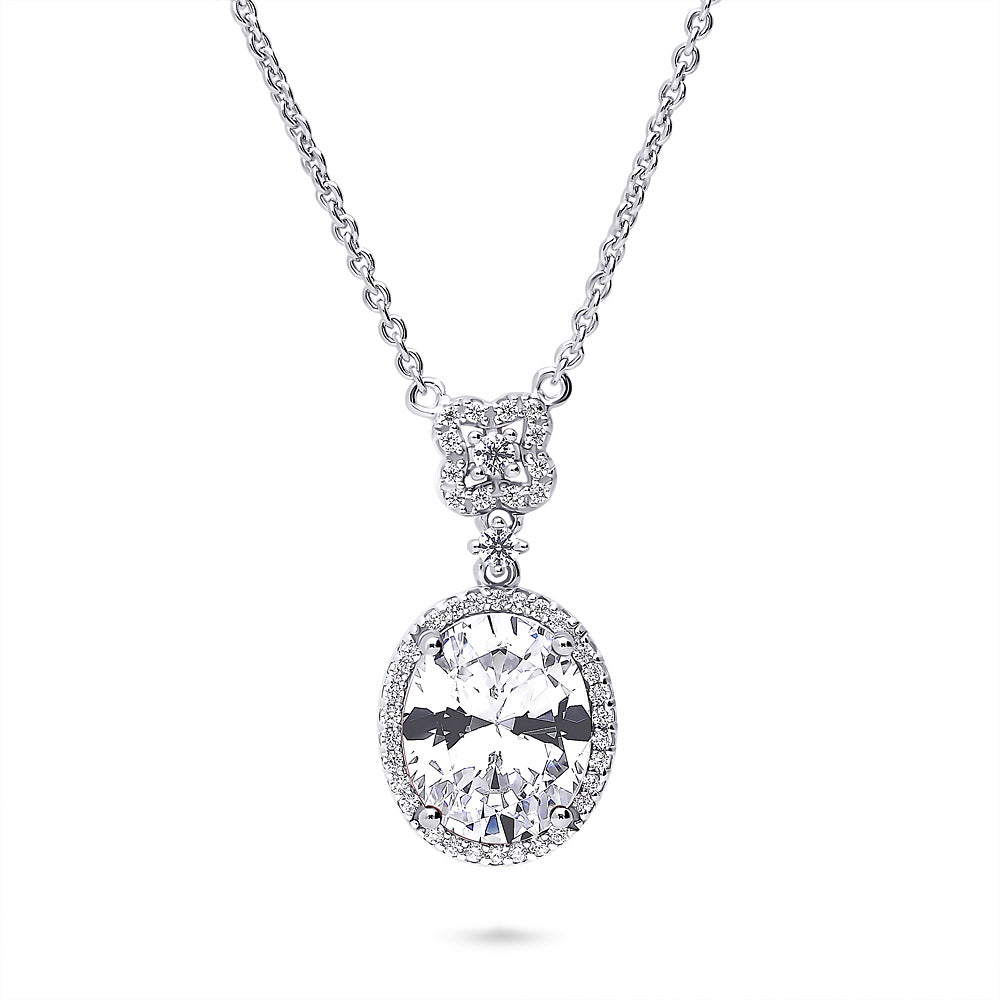 Halo Clover Oval CZ Necklace in Sterling Silver, Clear Color