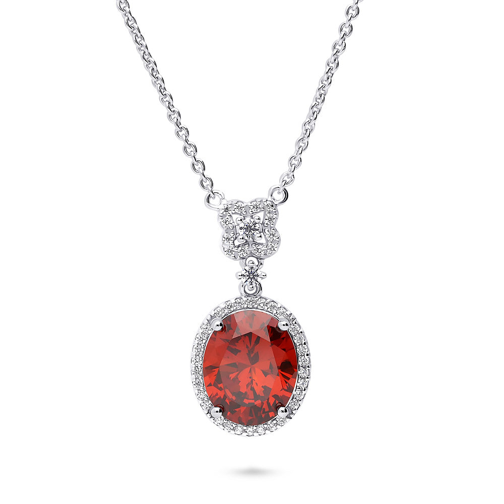 Halo Clover Oval CZ Necklace in Sterling Silver, Red Color