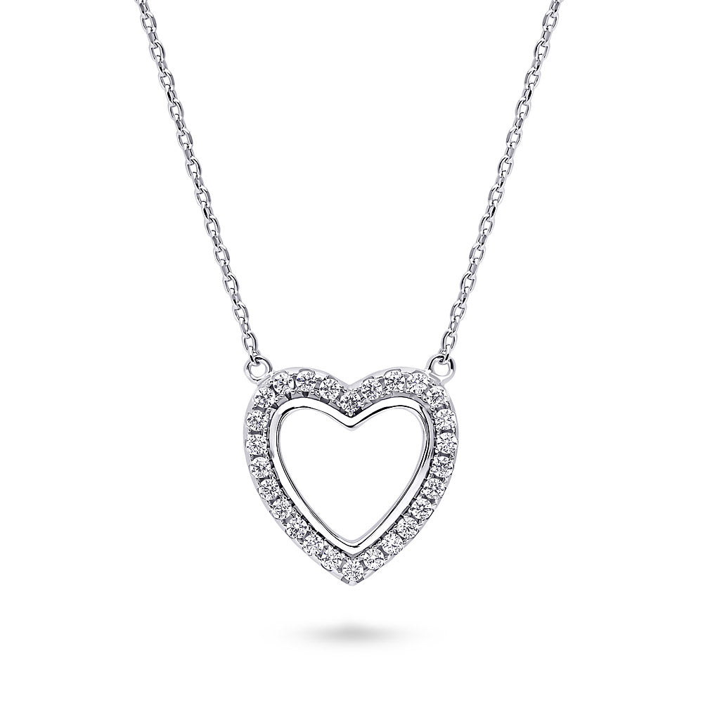 Open Heart CZ Necklace in Sterling Silver, Rhodium Plated
