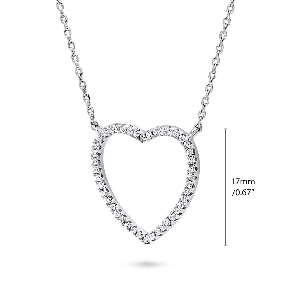 Front view of Open Heart CZ Necklace in Sterling Silver, Rhodium Plated