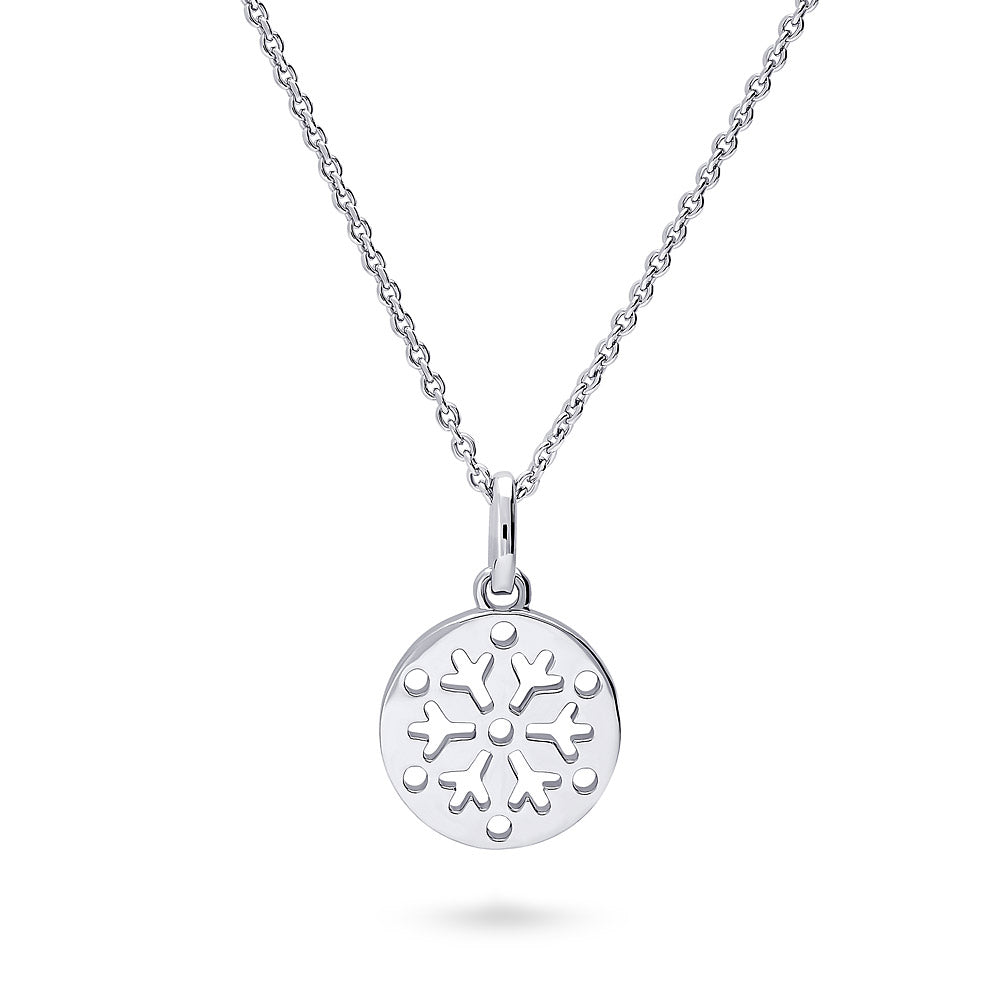 Snowflake Coin Necklace and Earrings in Sterling Silver, Rhodium Plated