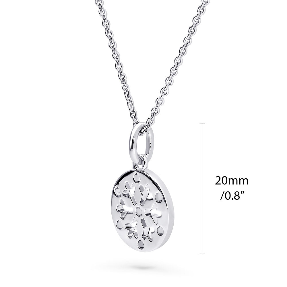 Front view of Snowflake Coin Necklace and Earrings in Sterling Silver, Rhodium Plated