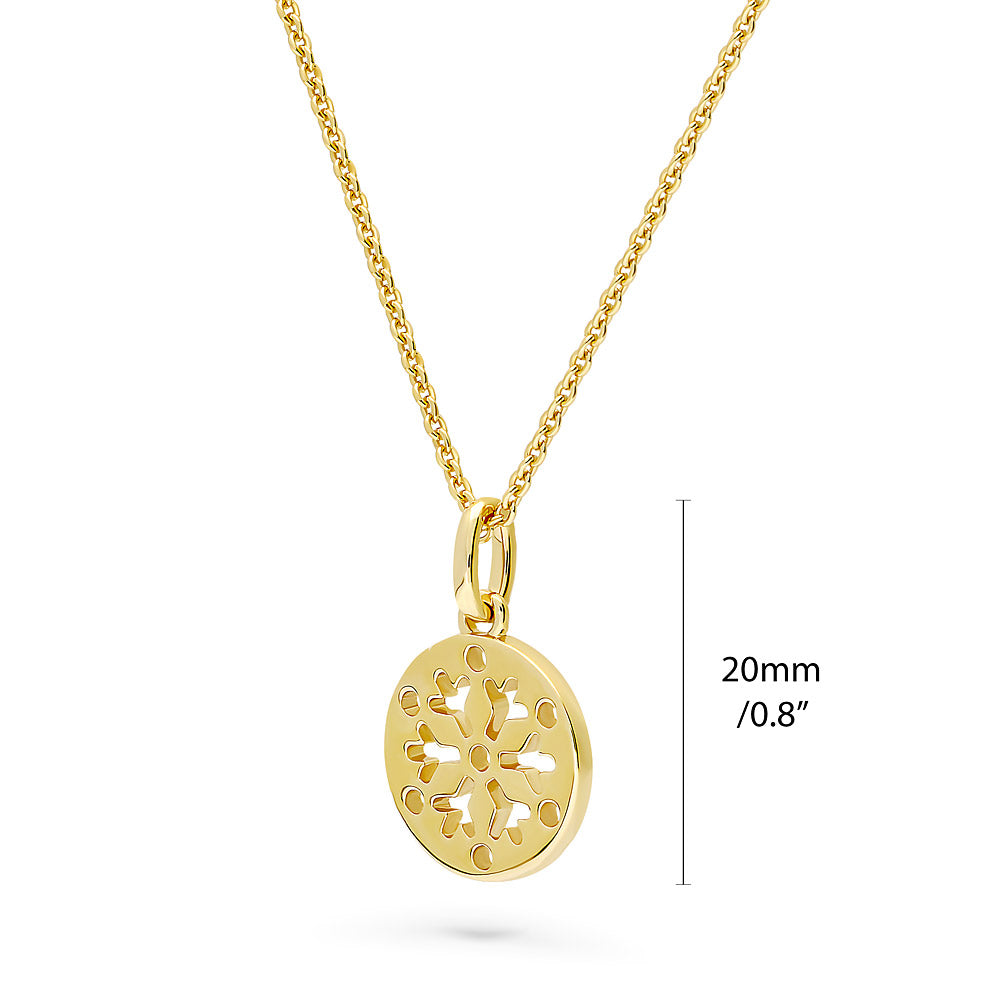 Front view of Snowflake Coin Necklace and Earrings in Sterling Silver, Yellow Gold Flashed
