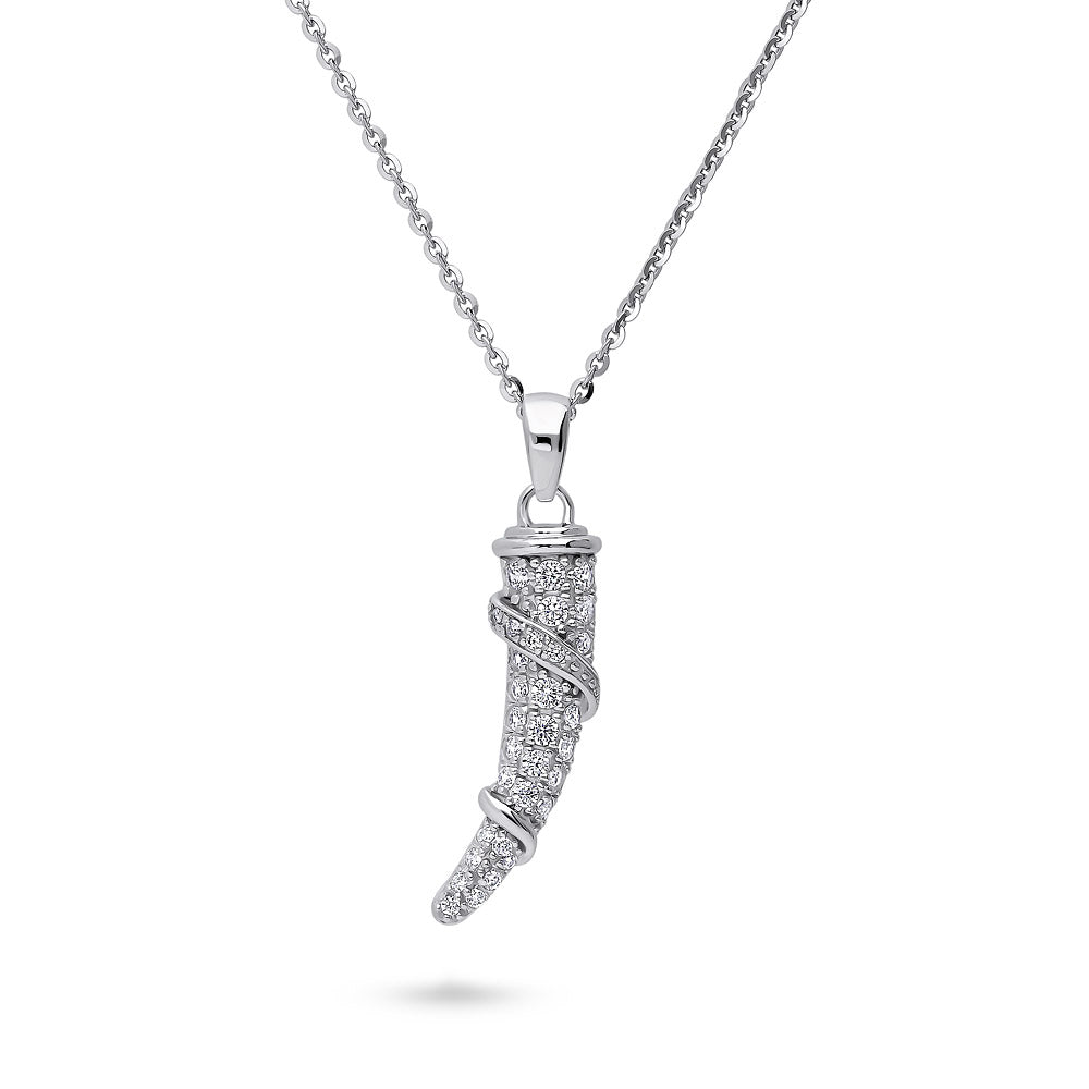 Horn CZ Medium Necklace in Sterling Silver, Rhodium Plated