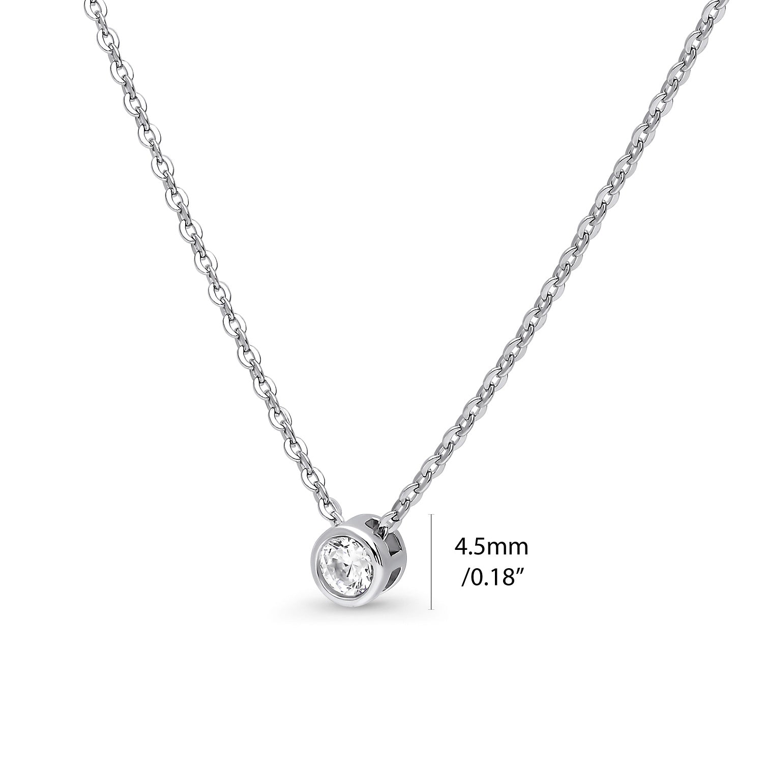 Front view of Solitaire Bezel CZ Necklace in Sterling Silver, Rhodium Plated