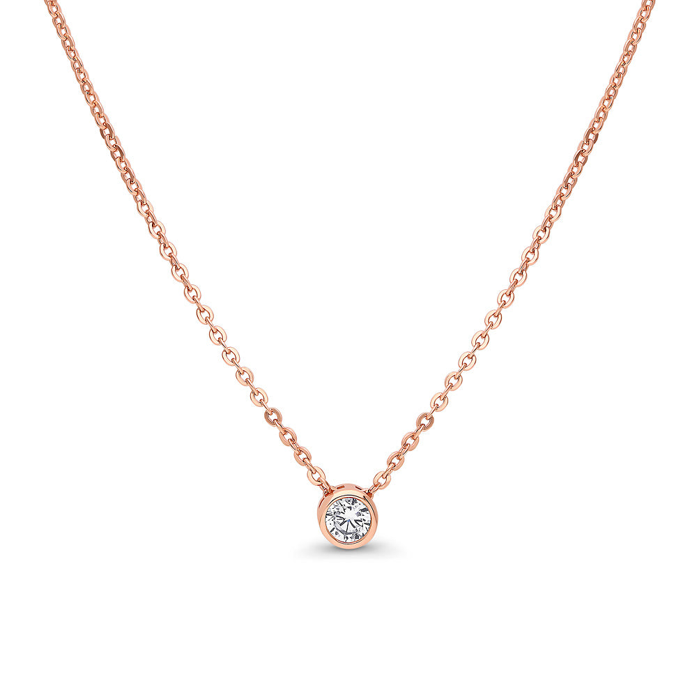 Solitaire Bezel CZ Necklace in Sterling Silver, Rose Gold Flashed