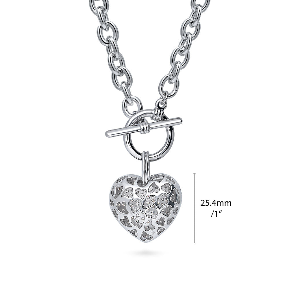 Side view of Heart CZ Toggle Necklace, Silver-Tone / 20 Inch