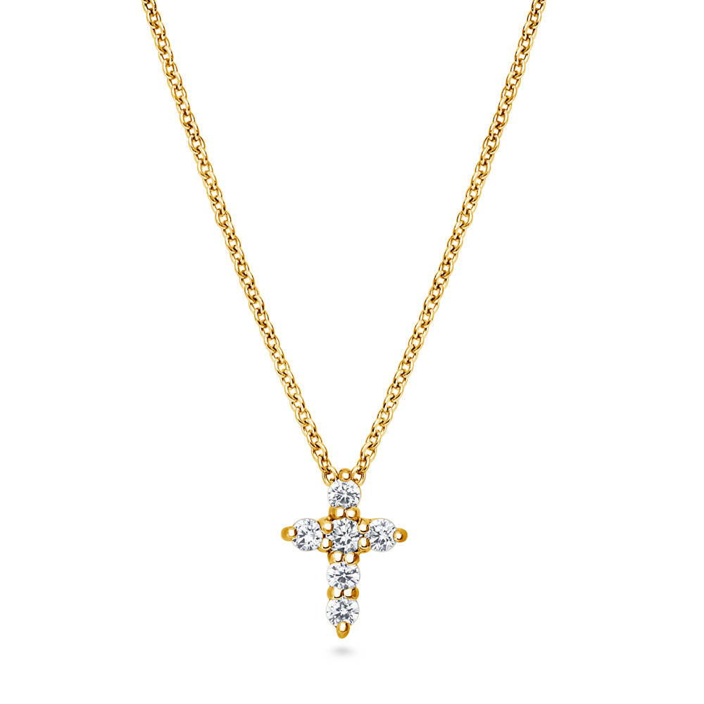 Cross CZ Pendant Necklace in Sterling Silver, Yellow Gold Flashed