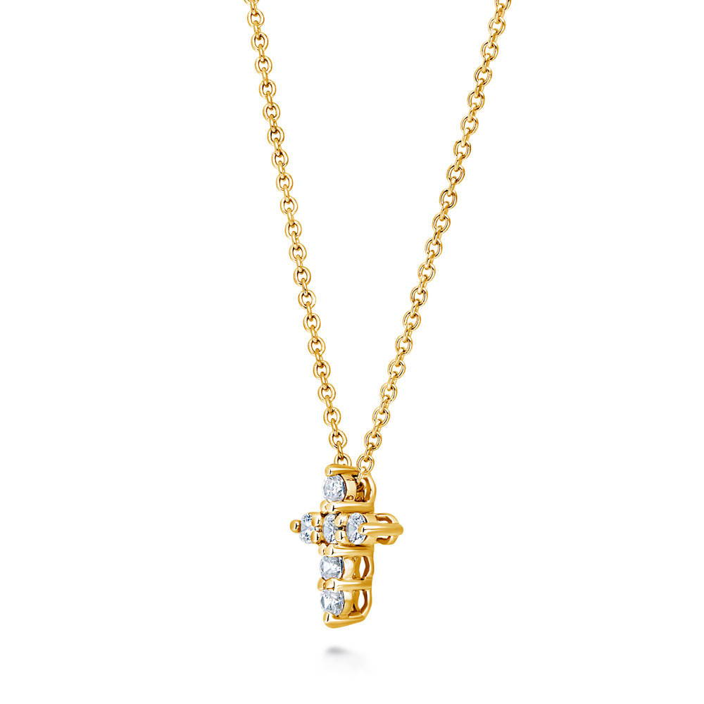 Front view of Cross CZ Pendant Necklace in Sterling Silver, Yellow Gold Flashed