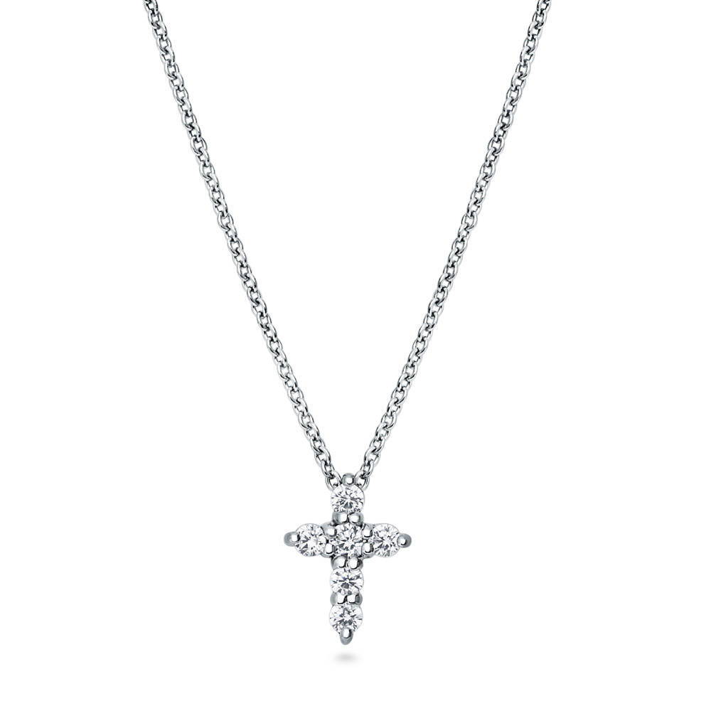 Cross CZ Pendant Necklace in Sterling Silver, Rhodium Plated