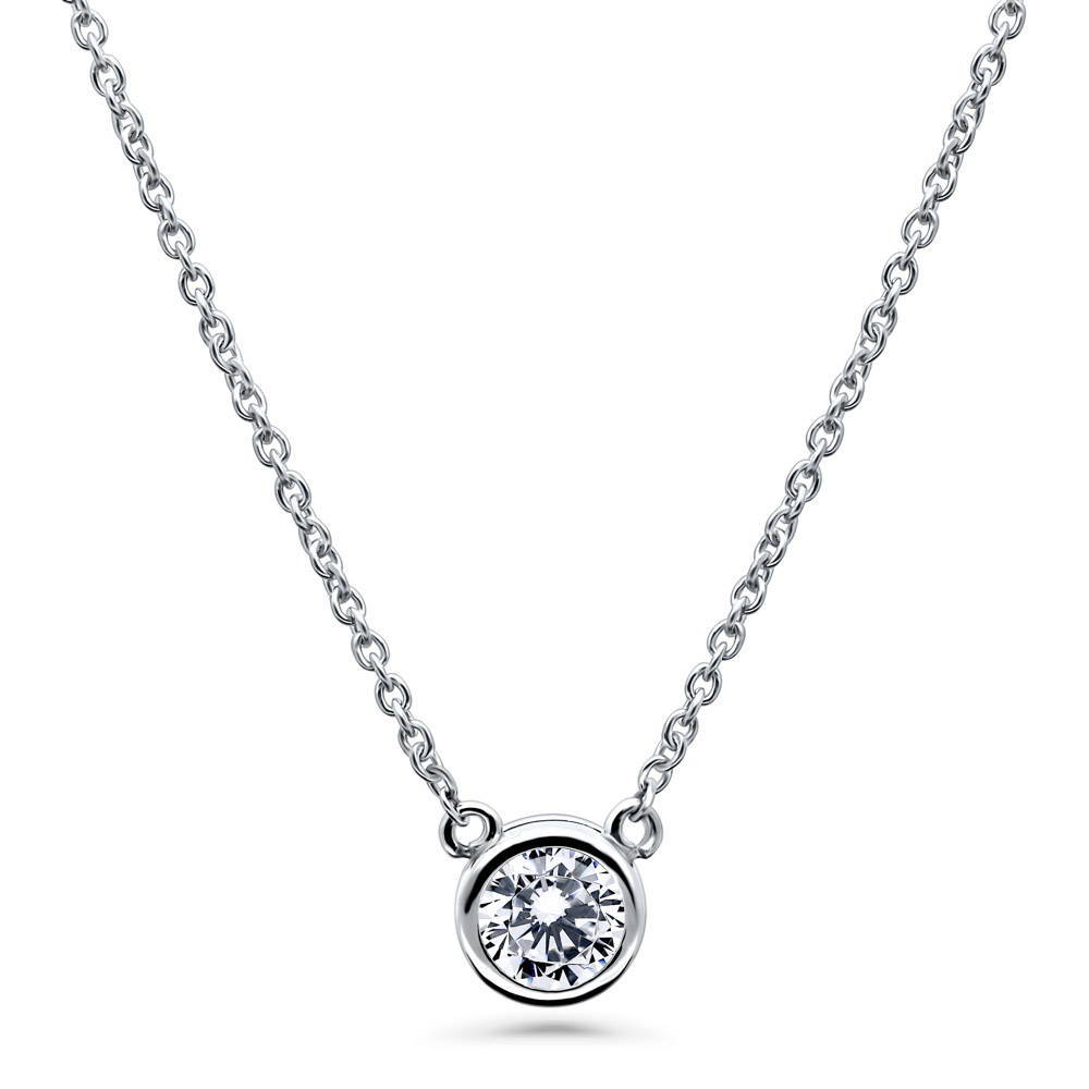 Solitaire 0.45ct Bezel CZ Necklace in Sterling Silver, Rhodium Plated