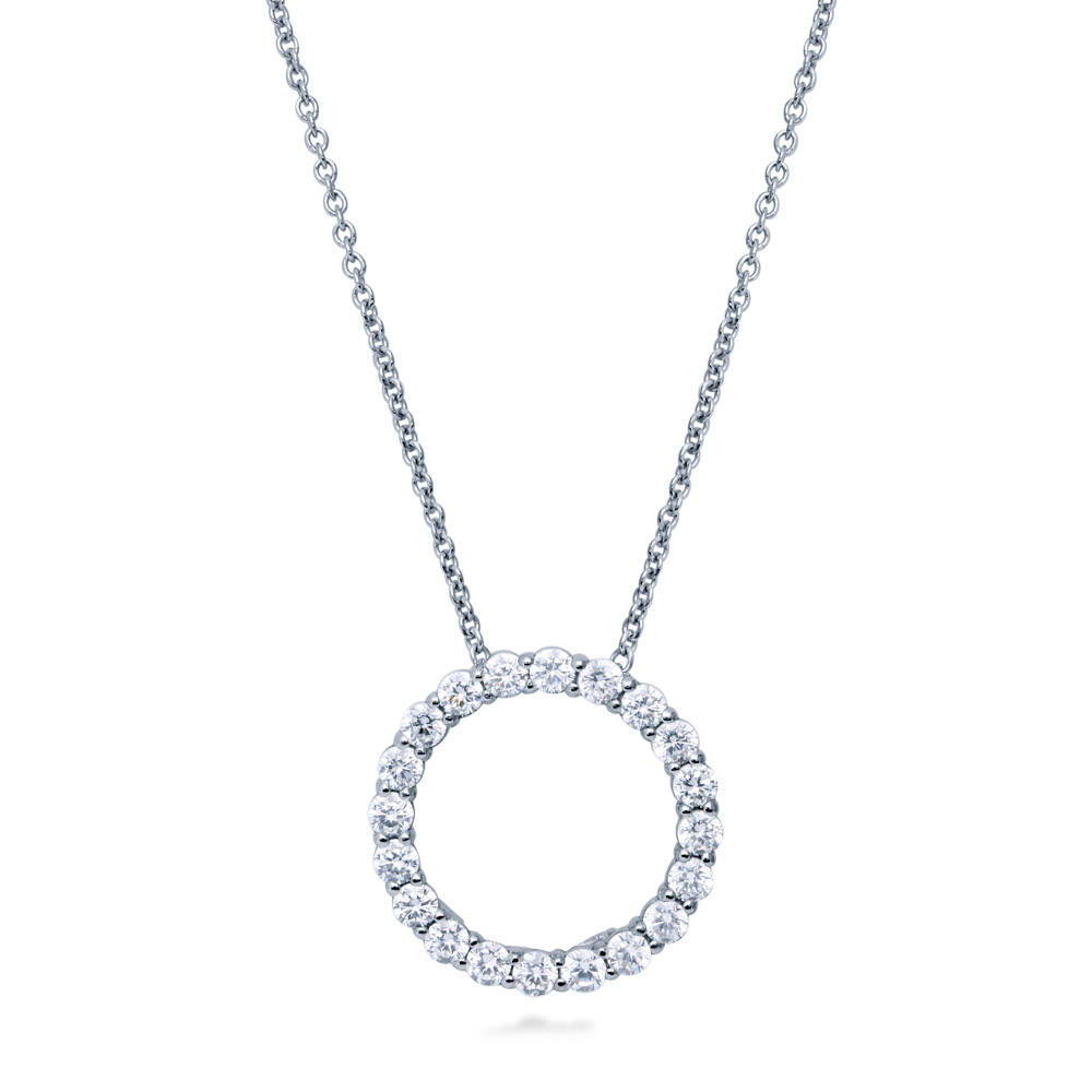 Open Circle CZ Necklace in Sterling Silver, Rhodium Plated