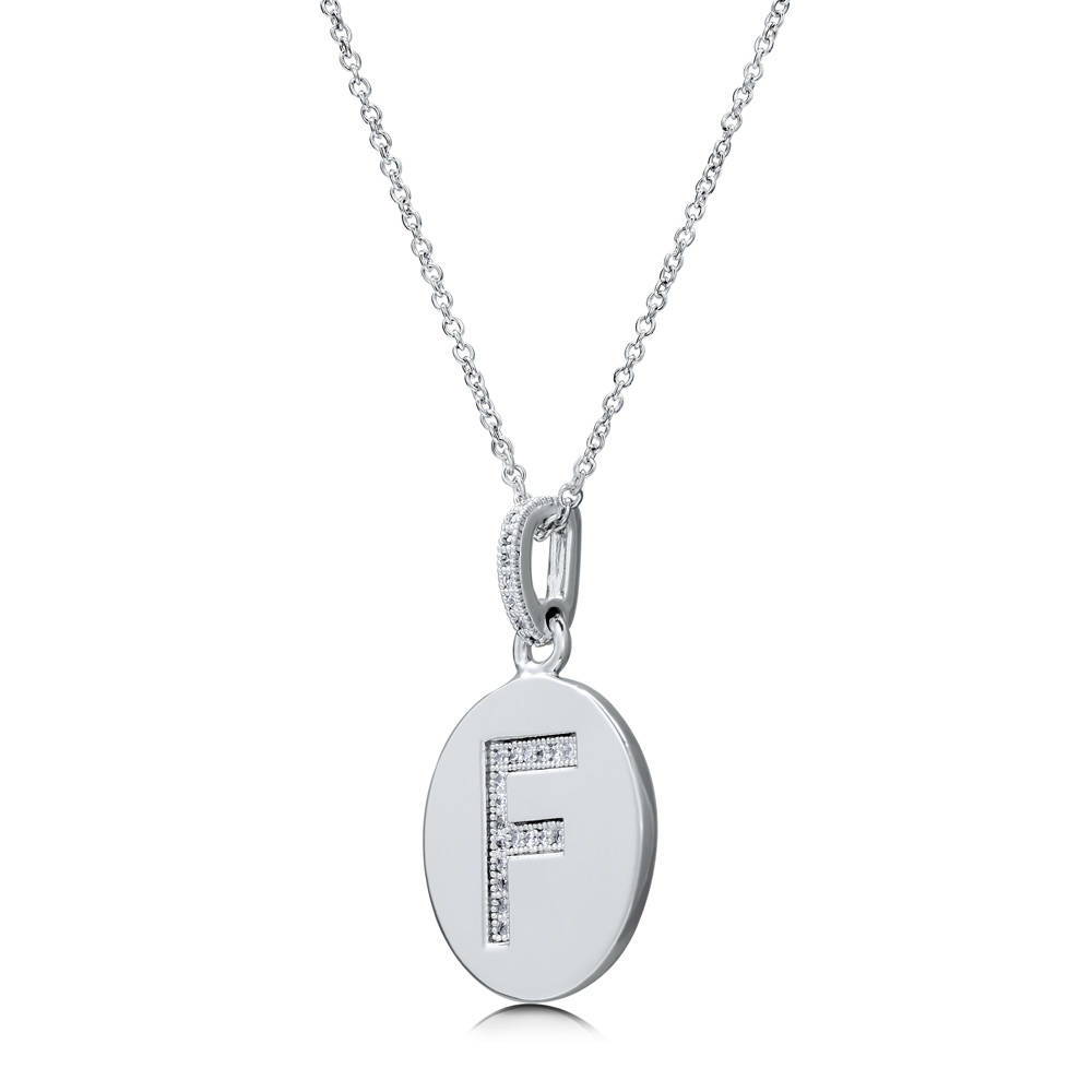 Angle view of Initial Letter CZ Necklace in Sterling Silver, F