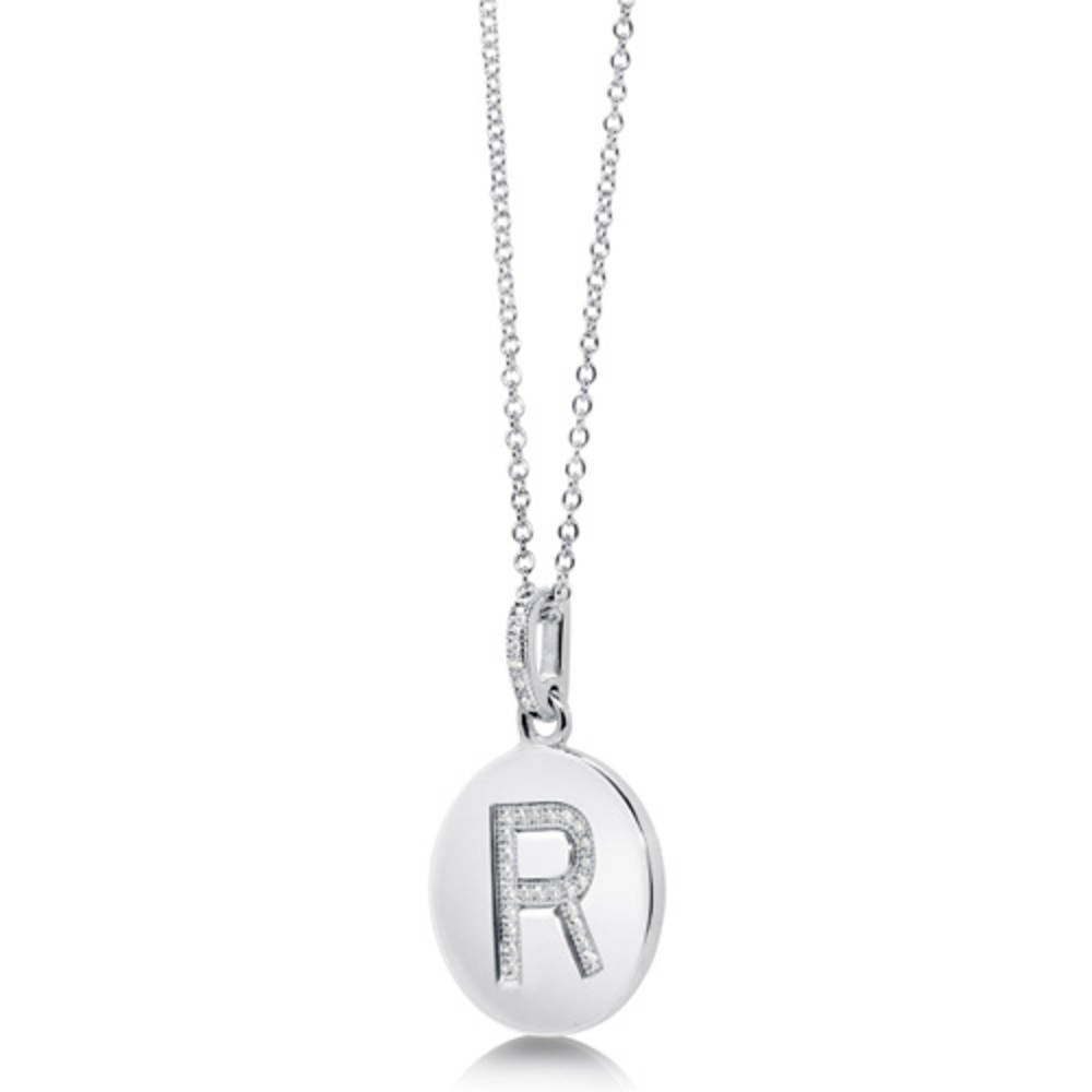 Angle view of Initial Letter CZ Necklace in Sterling Silver, R