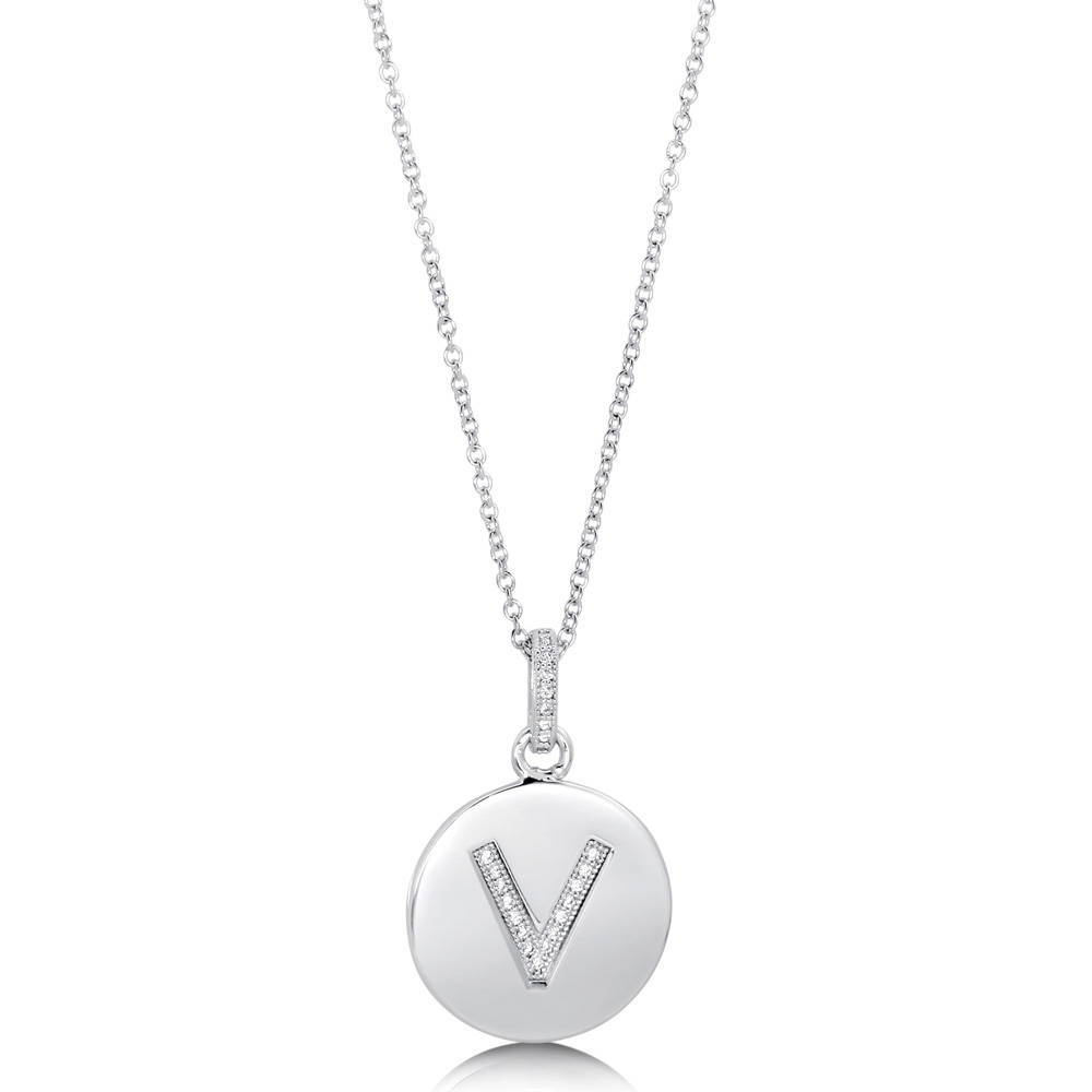 Front view of Initial Letter CZ Necklace in Sterling Silver, V