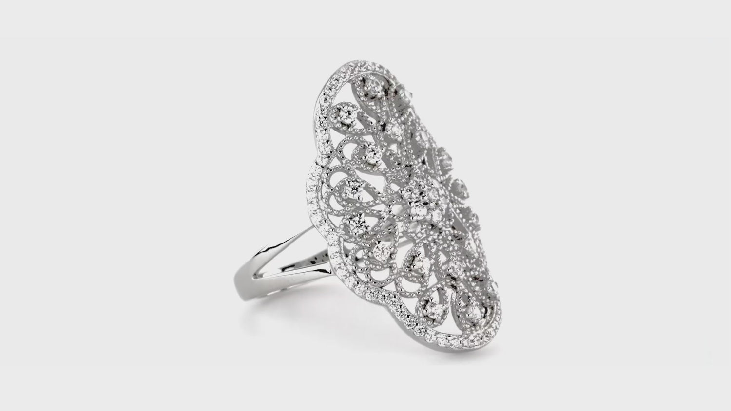Flower Navette Art Deco Filigree CZ Ring in Sterling Silver, 3 of 8