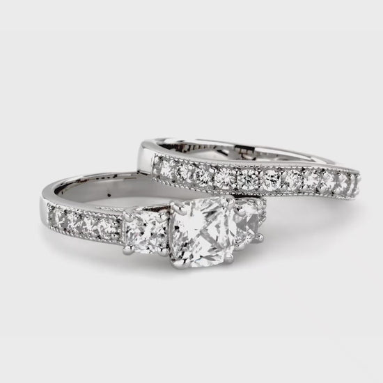 Video Contains 3-Stone Cushion CZ Ring Set in Sterling Silver. Style Number VR314-01