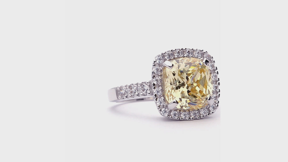 Halo Canary Yellow Cushion CZ Ring in Sterling Silver, 7 of 14