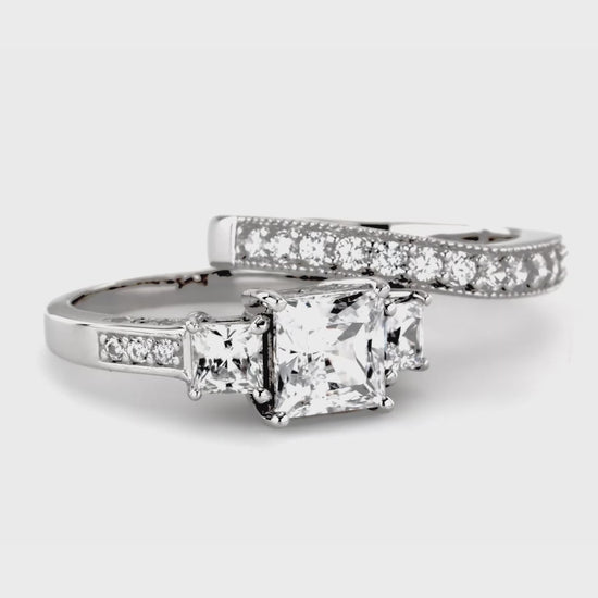 Video Contains 3-Stone Princess CZ Ring Set in Sterling Silver. Style Number VR085-01