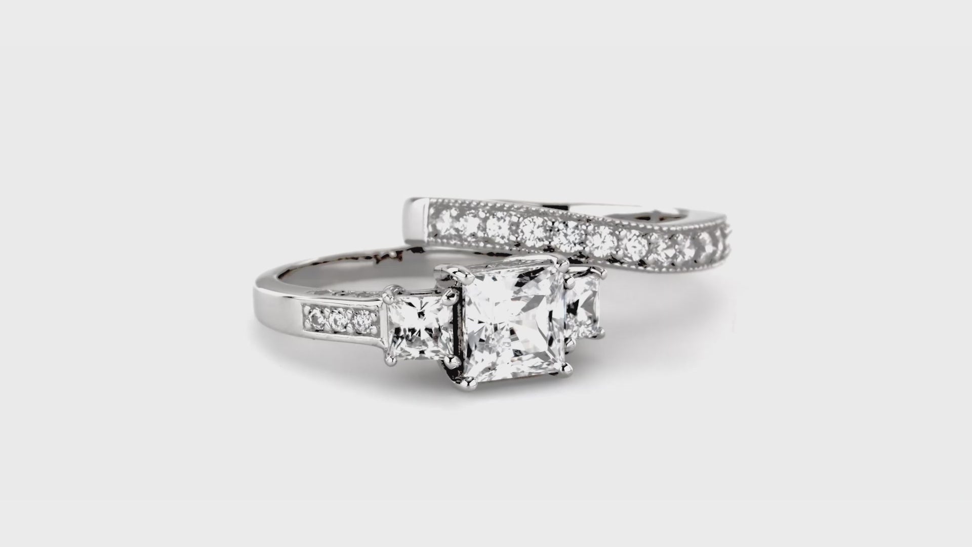 Video Contains 3-Stone Princess CZ Ring Set in Sterling Silver. Style Number VR085-01