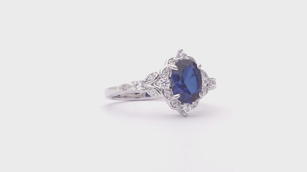 Halo Art Deco Simulated Blue Sapphire CZ Ring in Sterling Silver, 3 of 10