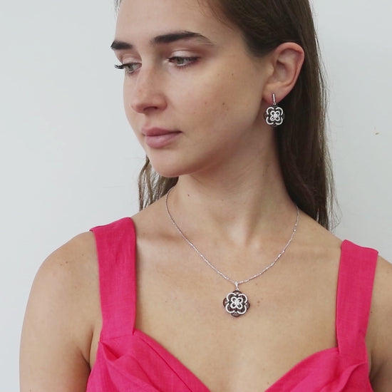 Video Contains Black and White Flower CZ Necklace and Earrings Set in Sterling Silver. Style Number VS801-01