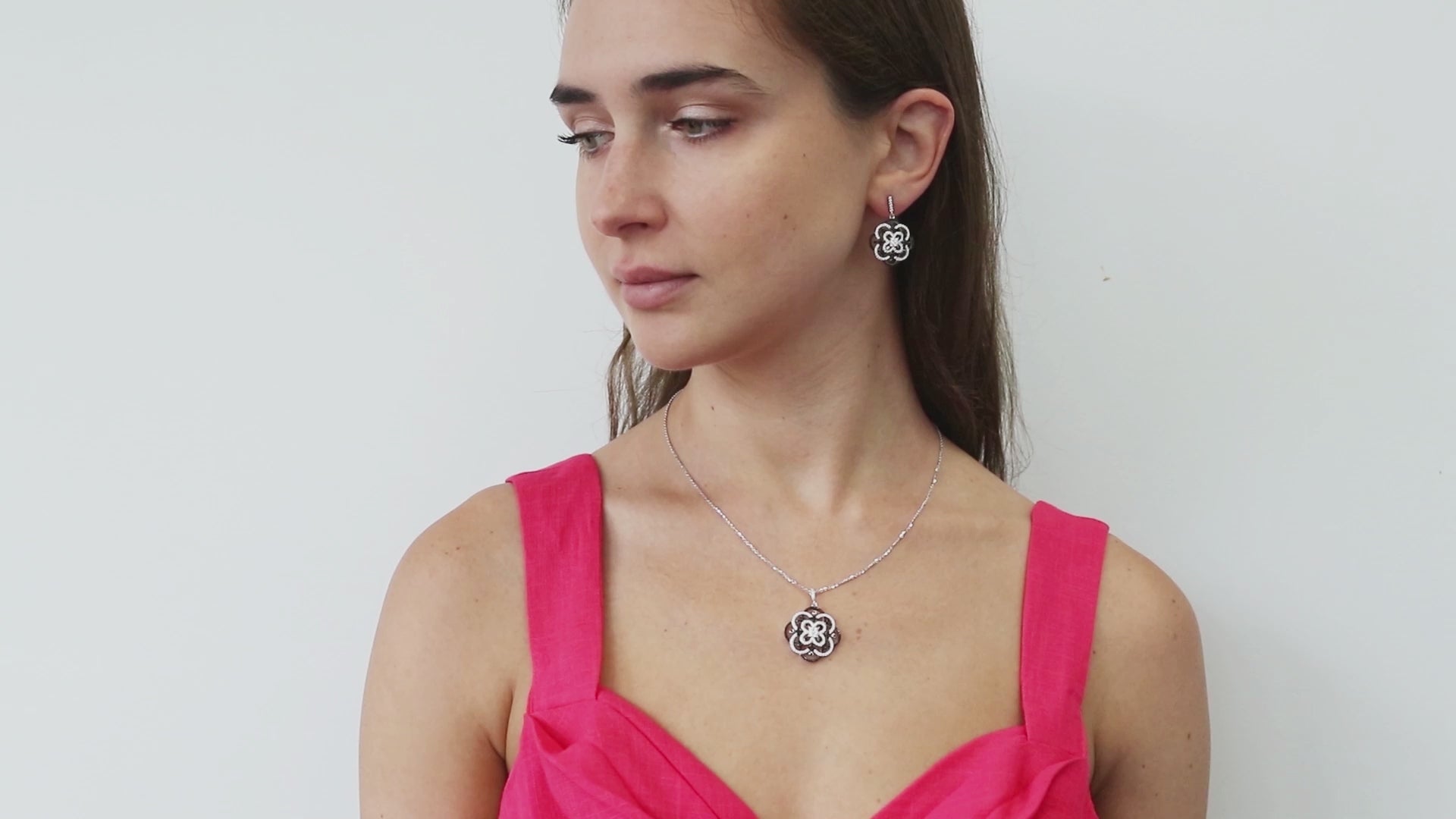 Video Contains Black and White Flower CZ Necklace and Earrings Set in Sterling Silver. Style Number VS801-01