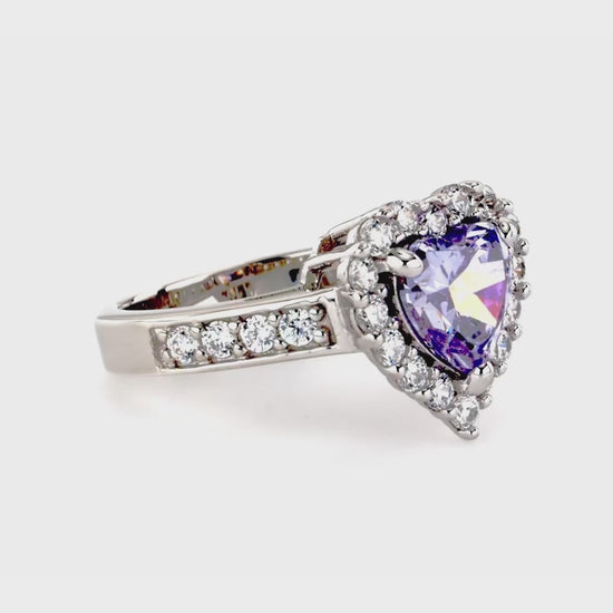 Video Contains Halo Purple Heart CZ Statement Ring Set in Sterling Silver. Style Number R608