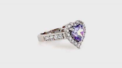Video Contains Halo Purple Heart CZ Statement Ring Set in Sterling Silver. Style Number R608