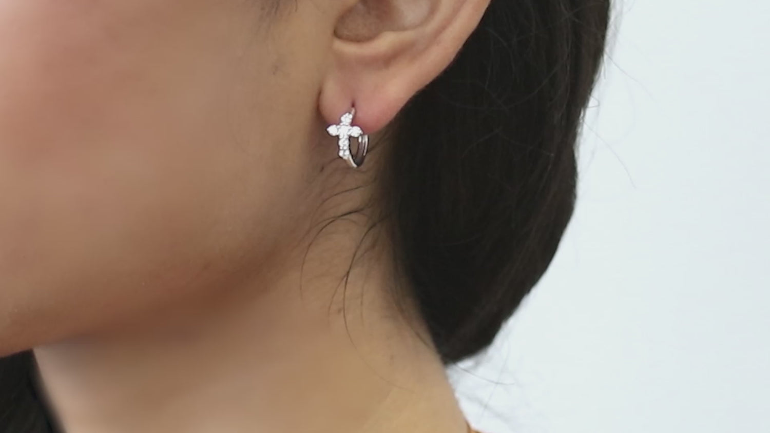 Cross CZ Mini Huggie Earrings in Sterling Silver 0.5 inch