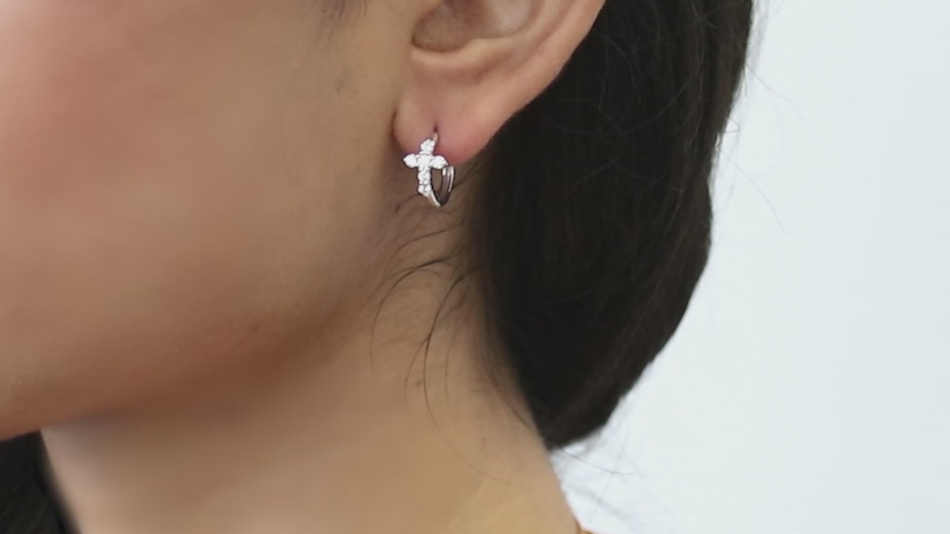 Video Contains Cross CZ Small Huggie Earrings in Sterling Silver 0.5". Style Number E1359
