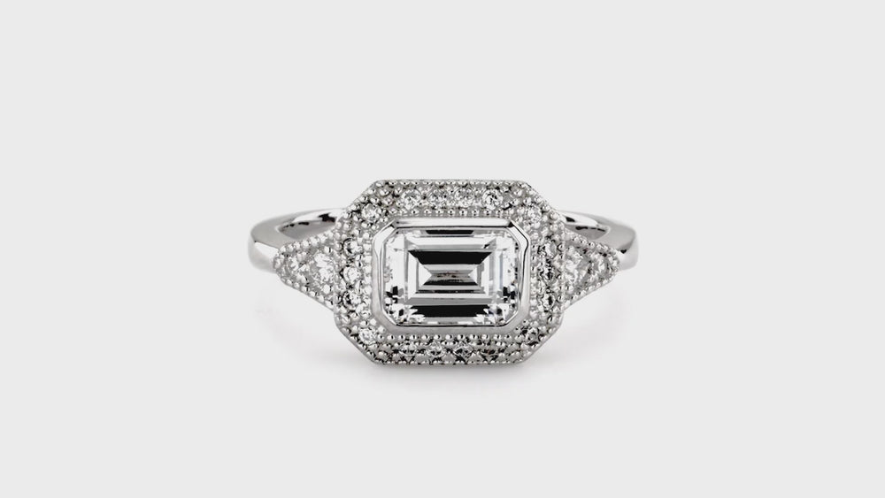 Halo East-West Emerald Cut CZ Ring in Sterling Silver, 3 of 10