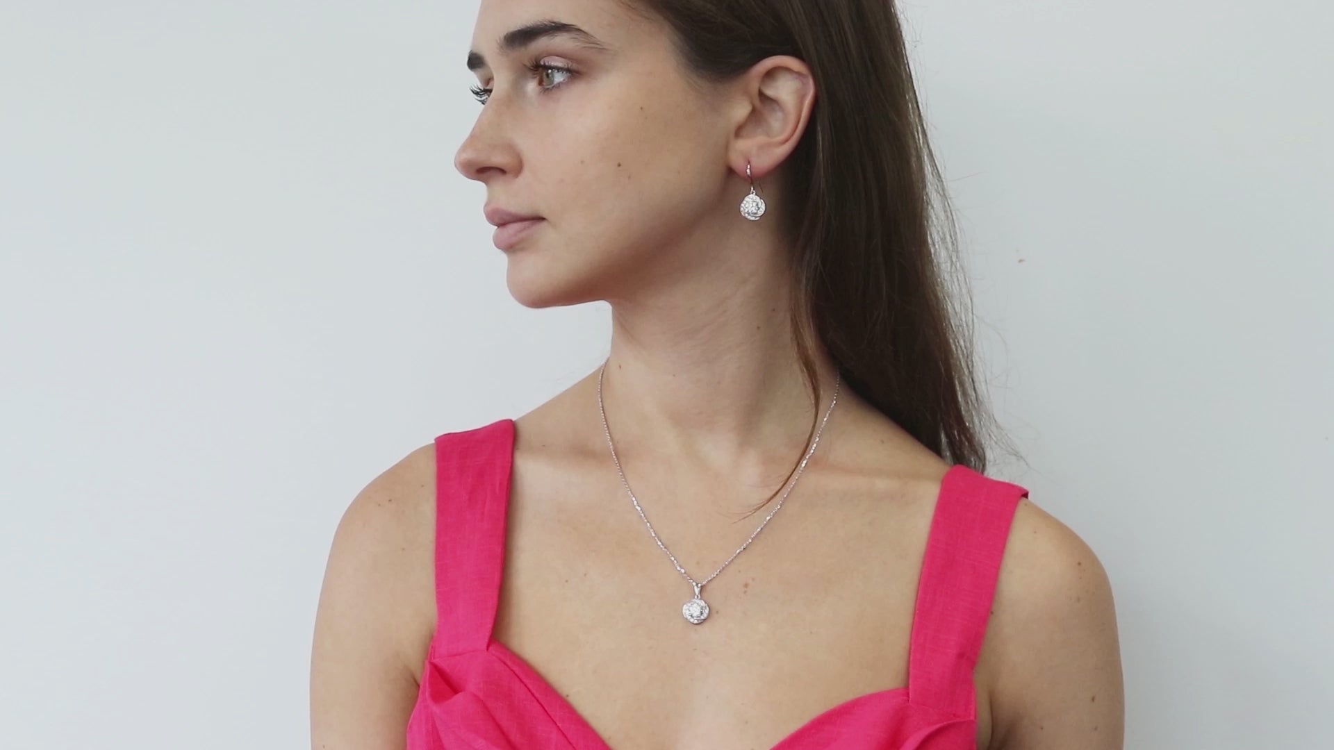 Video Contains Flower Halo CZ Necklace and Earrings Set in Sterling Silver. Style Number VS784-01