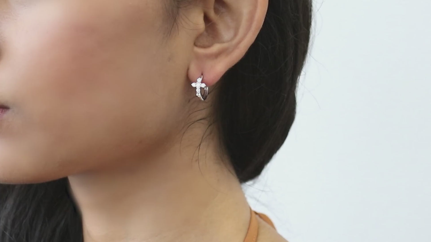 Cross CZ Mini Huggie Earrings in Sterling Silver 0.5 inch