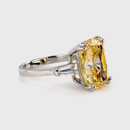 Video Contains 3-Stone Canary Yellow Cushion CZ Statement Ring in Sterling Silver. Style Number R1079-02