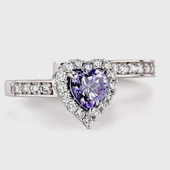 Video Contains Halo Purple Heart CZ Statement Ring Set in Sterling Silver. Style Number R608