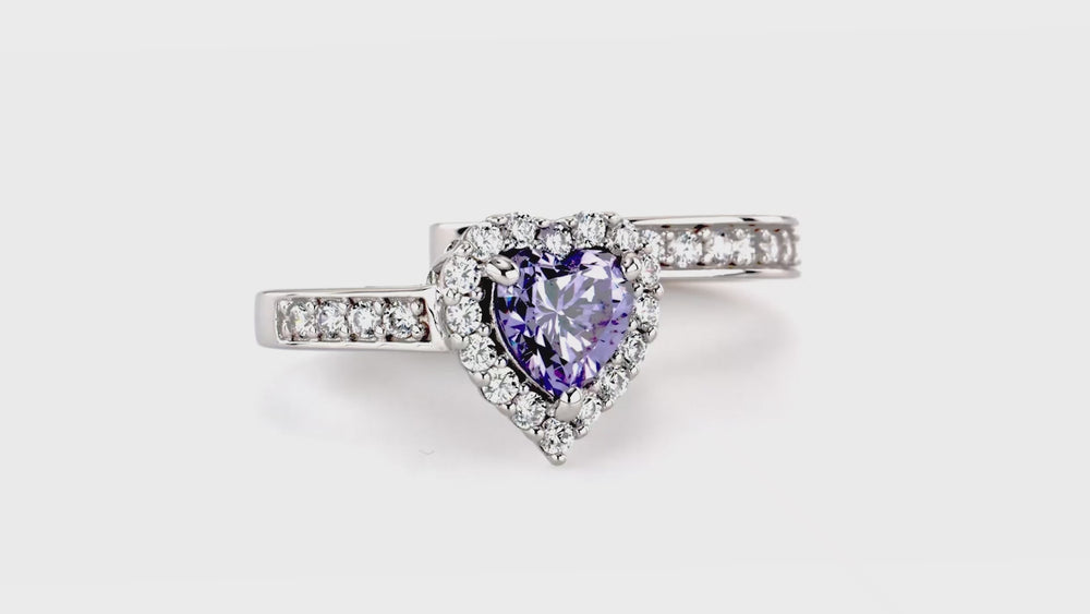 Halo Heart Purple Heart CZ Ring Set in Sterling Silver, 3 of 18