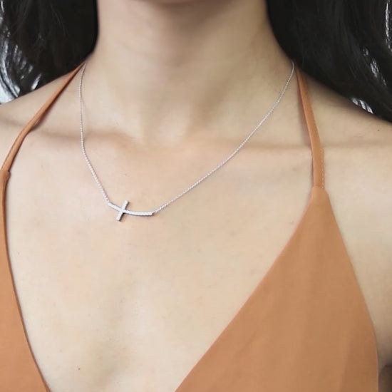 Video Contains Sideways Cross CZ Pendant Necklace in Sterling Silver. Style Number N1165-01