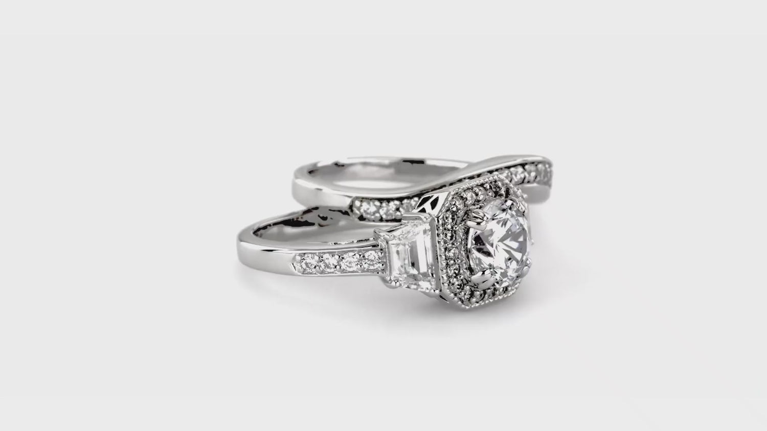 Halo Art Deco CZ Ring Set in Sterling Silver, 8 of 12