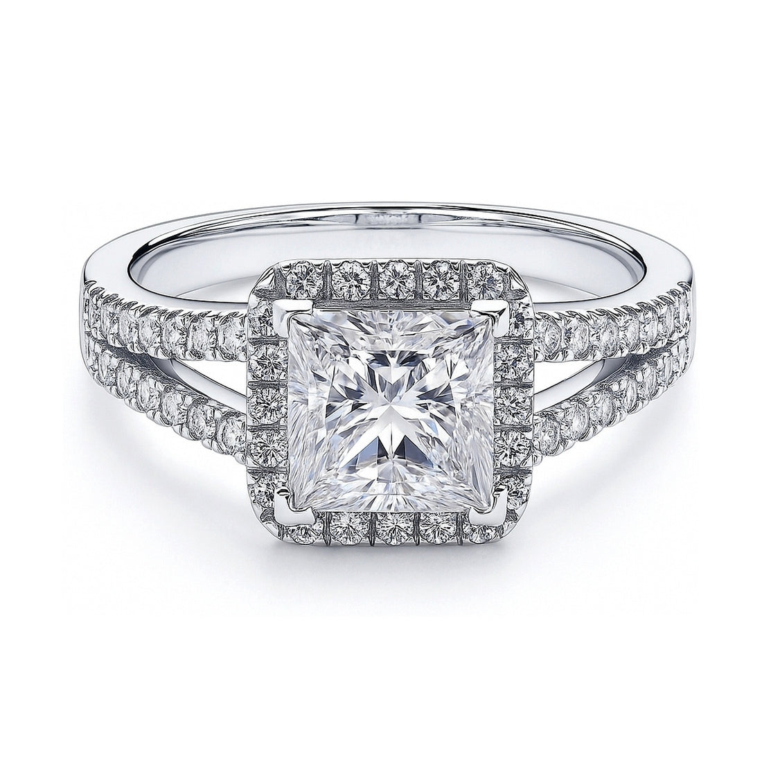 Halo Princess CZ Split Shank Ring in Sterling Silver