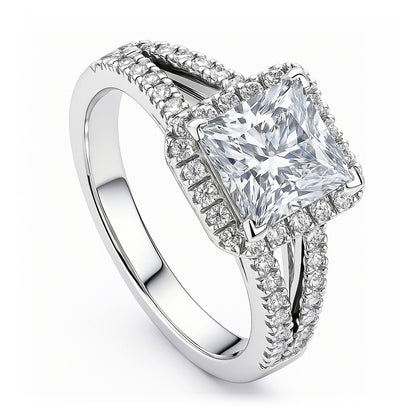 Halo Princess CZ Split Shank Ring in Sterling Silver