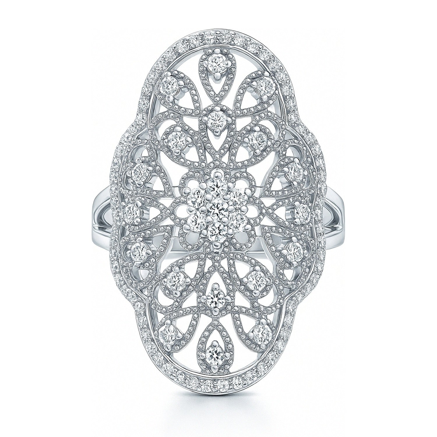 Flower Navette Art Deco Filigree CZ Ring in Sterling Silver, 1 of 8